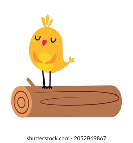 Cute Forest Bird Sitting on Log Vector Illustration