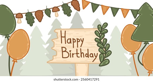 Cute forest birthday design with tree silhouettes and rustic decor. Features wood-style Happy Birthday sign, leaves, mushrooms, and bunting. For eco-friendly celebrations and kids birthday