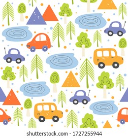 Cute forest capming seamless vector pattern with cars for kids textile. Hand drawn vintage cartoon illustration of fun summer journey for children