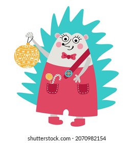 Cute forest character hedgehog getting ready for Christmas. Vector illustration, hand drawn style.
