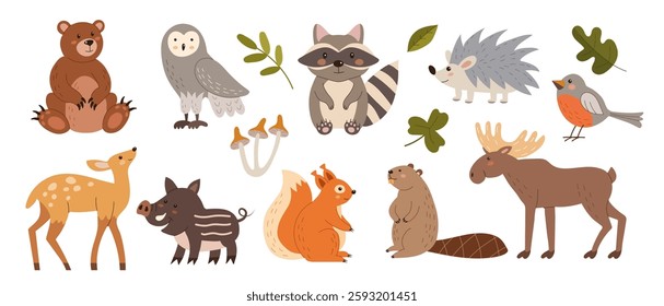 Cute forest characters. Kid animals. Cartoon bird and bear. Nature wildlife. Adorable playful deer. Owl and squirrel. Funny elk. Childish drawing. Wild hedgehog and beaver. Vector woodland mammals set