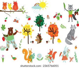 cute forest colorful animals set