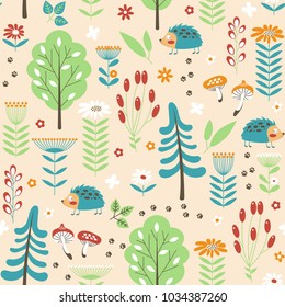 Cute forest concept seamless pattern with hedgehogs, trees and flowers. Stylish background in popular colors in vector.