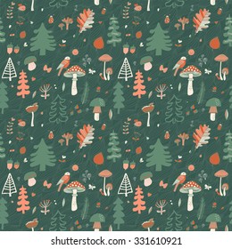 Cute forest concept seamless pattern with trees, birds, bugs, flowers and leafs. Stylish background in popular colors. Seamless pattern can be used for wallpapers, pattern fills, web backgrounds