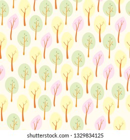 Cute forest concept of vector seamless repeat pattern. Colorful trees on beautiful pastel background. Child illustartion.