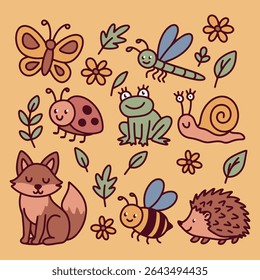 Cute forest creatures including fox, frog, hedgehog, bee, butterfly, snail, dragonfly and ladybug on beige background with leaves and flowers