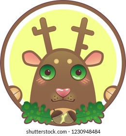 Cute forest deer with acorns on yellow background