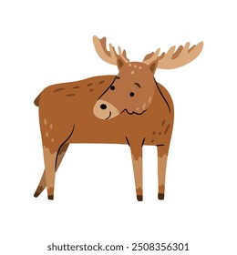 Lindo ciervo del bosque, dibujos animados, animal con astas, renos amistosos con cuernos grandes. Vector rudolph Santa Claus ayudante, alce marrón animal salvaje Ilustración vectorial plana de dibujos animados