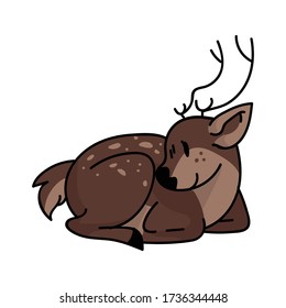 Cute forest deer laying down animal vector illustration. Buck deer with antlers. Childlish hand drawn doodle style. For baby nursery decor, boho kids fashion, trendy doodle woodland graphic design. 