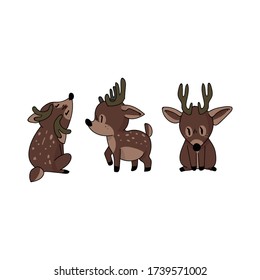 Cute forest deer set animal vector illustration. Buck deer with antlers. Childlish hand drawn doodle style. For baby nursery decor, boho kids fashion, trendy doodle woodland graphic design. 