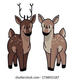 Cute forest doe and buck vector illustration. Buck deer with antlers. Childlish hand drawn doodle style. For game animal decor, boho kids fashion, trendy doodle woodland graphic design. 