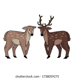 Cute forest doe and stag love vector illustration. Buck deer with antlers. Childlish hand drawn doodle style. For game animal decor, boho kids fashion, trendy doodle woodland graphic design. 