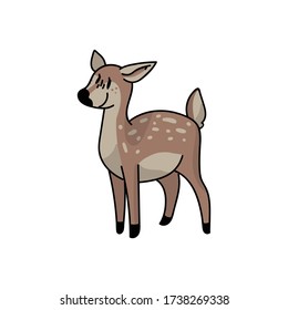 Cute forest doe vector illustration. Buck deer with antlers. Childlish hand drawn doodle style. For game animal decor, boho kids fashion, trendy doodle woodland graphic design. 