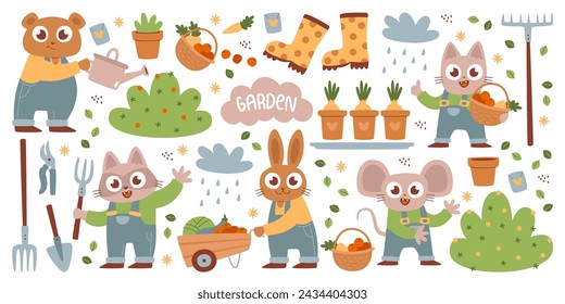 Lindo bosque y animales domésticos jardineros garabatean personajes cuidando plantas, cosechando frutas y verduras conjunto ilustración vectorial. Oso feliz, gato, mapache y ratón de jardinería durante la temporada de otoño