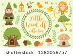 Cute forest elf character set of objects. Collection of design element with elven archer, dwarf, tree mushroom house, flowers, plants. Kids baby clip art funny smiling kit. Vector illustration.
