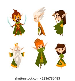 Cute Forest Elves als Fairytale Magic Characters with Pointed Oars in Green Clothes Vectorset