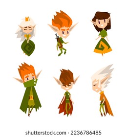 Cute Forest Elves als Fairytale Magic Characters with Pointed Oars in Green Clothes Vectorset