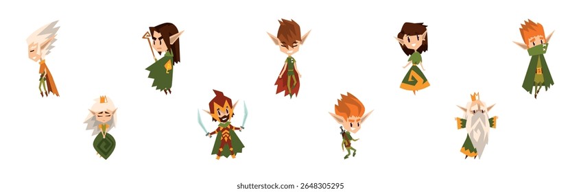 Cute Forest Elves as Fairytale Magic Characters with Pointed Ears in Green Clothes Vector Set