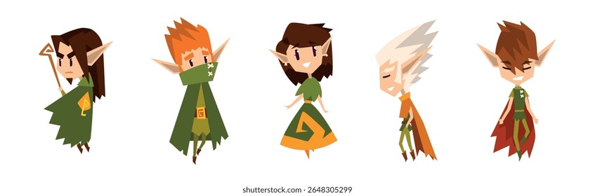 Bonitos Elfos Floresta como Personagens Mágicas de Conto de Fadas com Orelhas Pontilhadas em Conjunto Vetor Roupa Verde