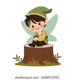 Cute forest fairy boy with wings on white background. Poster, Banner, Flyer, Greeting Card. Vector illustration in flat cartoon style