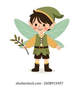 Cute forest fairy boy with wings on white background. Poster, Banner, Flyer, Greeting Card. Vector illustration in flat cartoon style