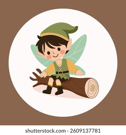 Cute forest fairy boy with wings on white background. Poster, Banner, Flyer, Greeting Card. Vector illustration in flat cartoon style