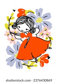 Cute forest fairy flying in pretty dress surrounded by flowers and leaves. Hand drawn cartoon of little girl with wings. Vector design for kids wear or baby shower invitation card. Editable stroke