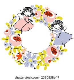 Cute forest fairy flying in pretty dress surrounded by flowers and leaves. Hand drawn cartoon of floral wreath and little girls with wings. Vector frame for kids design. Editable stroke