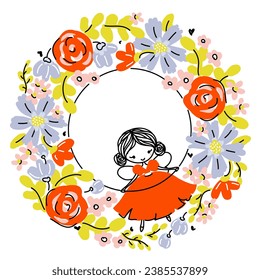 Cute forest fairy flying in pretty dress surrounded by flowers and leaves. Hand drawn cartoon of floral wreath and little girls with wings. Vector frame for kids design. Editable stroke