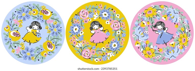 Cute forest fairy flying surrounded by flowers and leaves. Hand drawn vector illustration of floral wreath and little girl with wings. Circle frame for kids design. Editable stroke