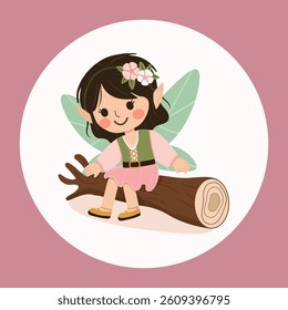 Cute forest fairy girl with wings sitting on a tree on white background. Poster, Banner, Flyer, Greeting Card. Vector illustration in flat cartoon style