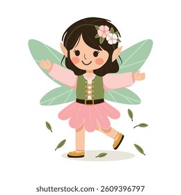 Cute forest fairy girl with wings on white background. Poster, Banner, Flyer, Greeting Card. Vector illustration in flat cartoon style