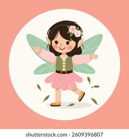 Cute forest fairy girl with wings on white background. Poster, Banner, Flyer, Greeting Card. Vector illustration in flat cartoon style