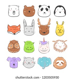 Cute forest and fantasy animals collection for baby print, card and invitation. Cartoon vector illustration. Bear, panda, sloth, fox and owl faces set. Portraits for children's goods