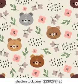 cute forest flowers teddy bear warm yellow seamless pattern for kids textile and fabric, home decor elements. Woodland pines and trees wrapping paper vector print for baby boy and girl.