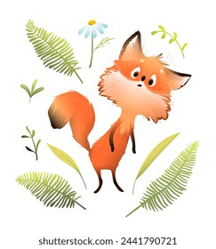 Cute forest fox curious animal, illustrated character for kids. Fox cartoon and forest nature leaves and grass elements. Isolated vector clipart for children in watercolor style.