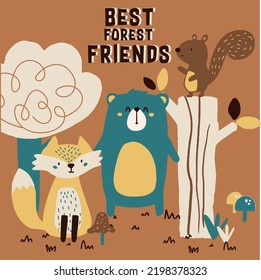 Cute forest friends bear, fox,squirrel graphic tee design for kids market as vector
