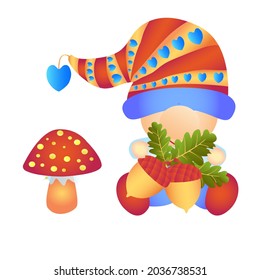 Cute forest gnome with autumn leaves, acorn and mushroom. Vector illustration in cartoon childish style