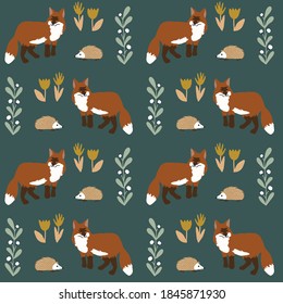 Cute forest illustrastion. Fox and Igel pattern on a green background.