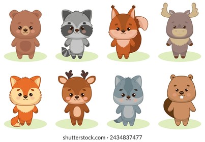 Cute forest inhabitants bear, raccoon, squirrel, elk, fox, deer, beaver and wolf. Animals in kawaii style. Kawaii style. Vector illustration of drawings, prints and patterns. Isolated illustration for