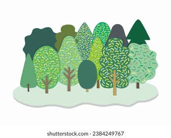 Icono de bosque y jungla en fondo blanco. Ilustración cómica de árboles y bosques.