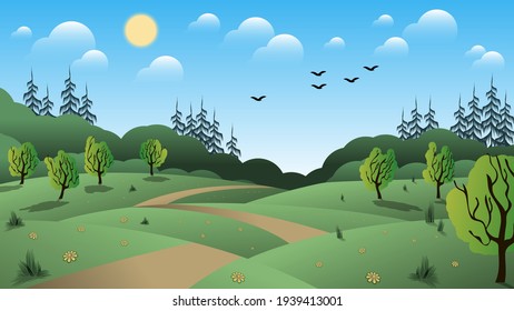 cute forest landscape. dirt winding road among flower meadows, bushes, trees against the background of a forest, sky with the sun, clouds, silhouettes of flying birds. vector