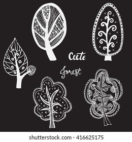 Cute forest lettering. Hand drawn, sketched trees set isolated on black background.