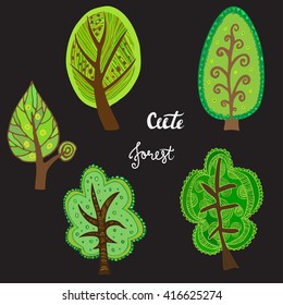 Cute forest lettering. Hand drawn, sketched trees set isolated on black background.
