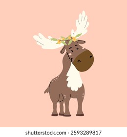 Cute forest moose with floral crown on pastel background for nursery and kids decor.