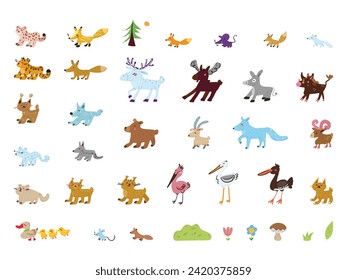 Cute Forest and Mountain Animals Doodle Flat Colorful Vector Set  
