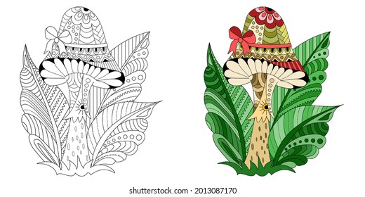 Cute forest mushroom with a doodle pattern and leaves on a white background. Anti-stress coloring book for children and adults. A colorful decorative element for the design of printed products