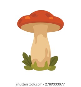 Cute forest mushroom illustration. Red cap toadstool with beige stem and green grass. Flat vector illustration of natural wild fungus isolated on white background.