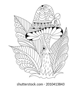 Cute forest mushroom and leaves with a doodle pattern on a white background. Anti-stress coloring book for children and adults.