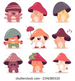 Cute forest mushrooms characters vector cartoon set isolated on a white background.